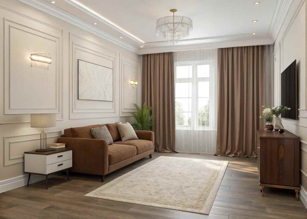 Brown and beige living room with neutral walls, cream rug, soft curtains, minimalist decor, bright natural lighting, cozy atmosphere