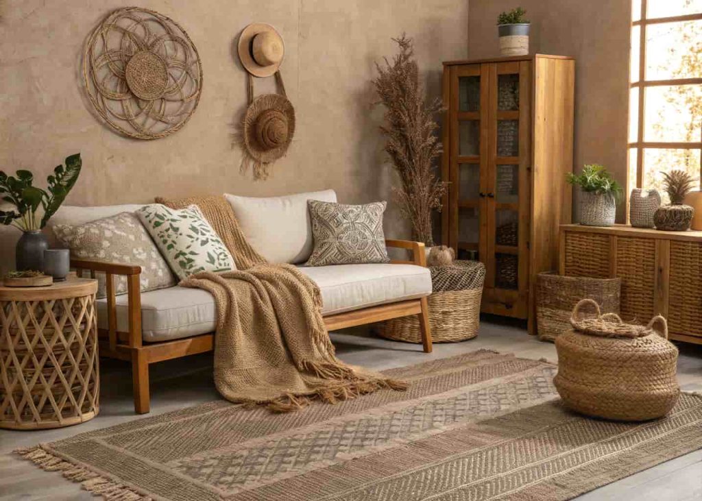 Textured brown living room with woven rug, linen cushions, wooden decor, cozy throw blankets, layered natural materials
