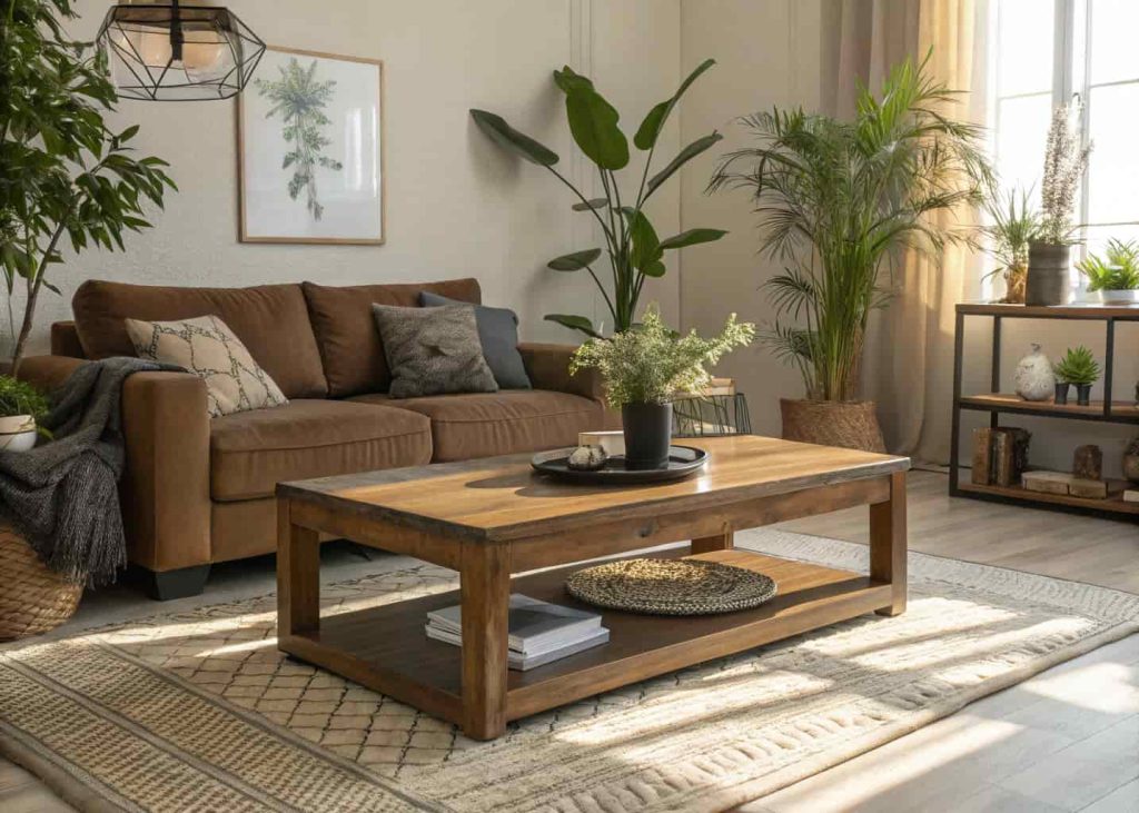 Modern living room with wooden coffee table, brown sofa, indoor plants, natural decor, warm sunlight, elegant cozy styling