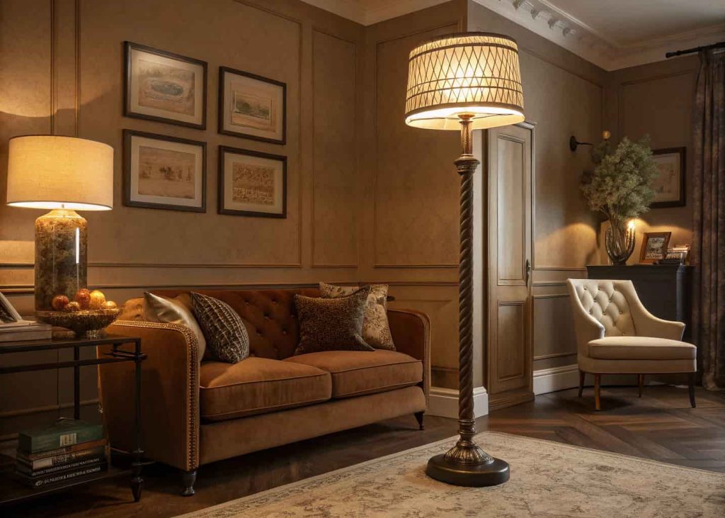 Warmly lit brown living room with floor lamp, soft ambient lighting, cozy evening atmosphere, elegant interior styling