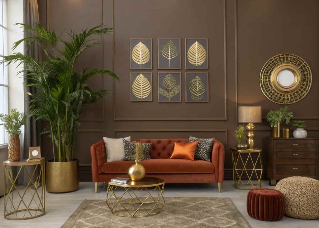 Brown living room with green plants, gold decor accents, rust cushions, modern wall art, balanced elegant styling