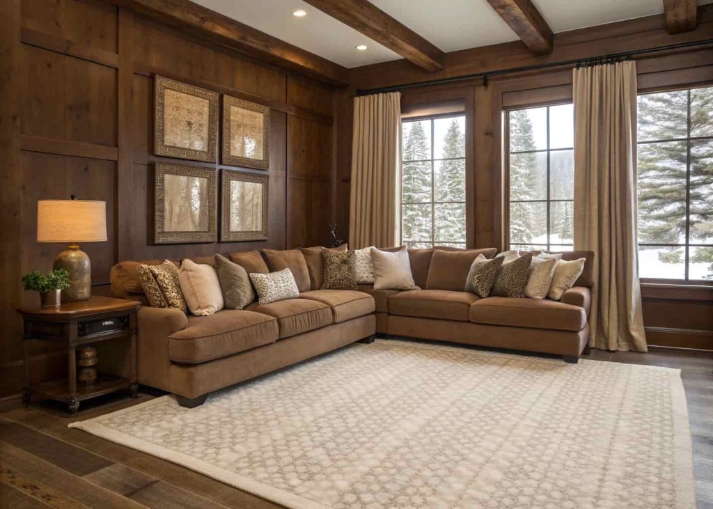 Cozy brown living room with large neutral rug, layered cushions, soft curtains, warm inviting interior design