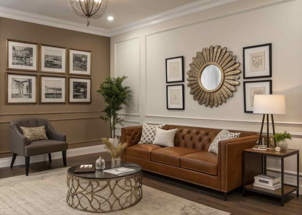 Brown living room with gallery wall, framed art, neutral wall colors, decorative mirror, modern elegant styling