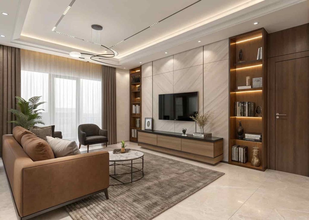 Modern minimalist brown living room with clean lines, sleek furniture, neutral palette, stylish contemporary decor