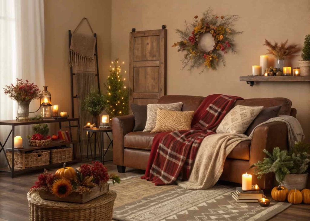 Seasonally styled brown living room with cozy throws, plants, warm decor accents, inviting home atmosphere