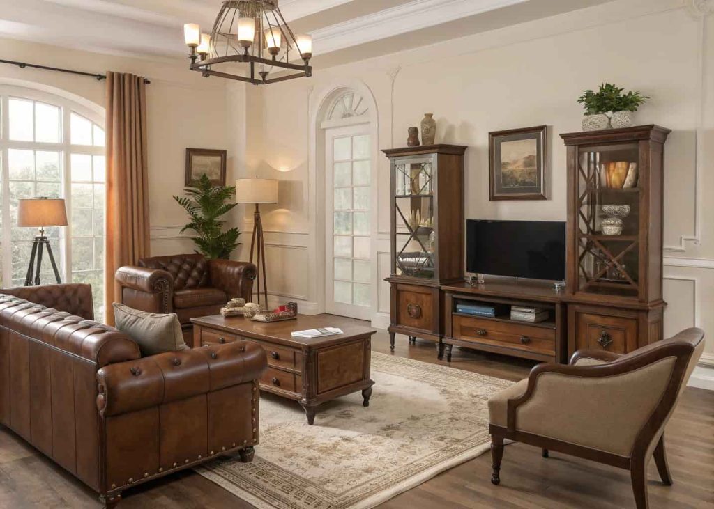 Brown living room mixing classic furniture with modern decor, elegant layered styling, warm inviting interior