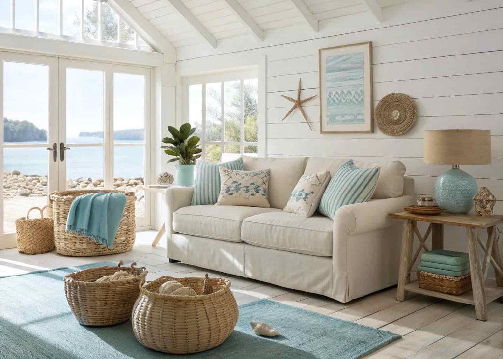 Coastal chic living room with neutral sofa, soft blue accents, natural textures, bright sunlight, airy beach-inspired interior design