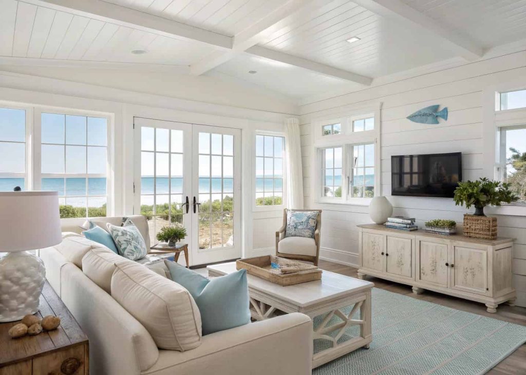 Light coastal living room with white walls, beige furniture, soft blue décor accents, airy modern beach house interior