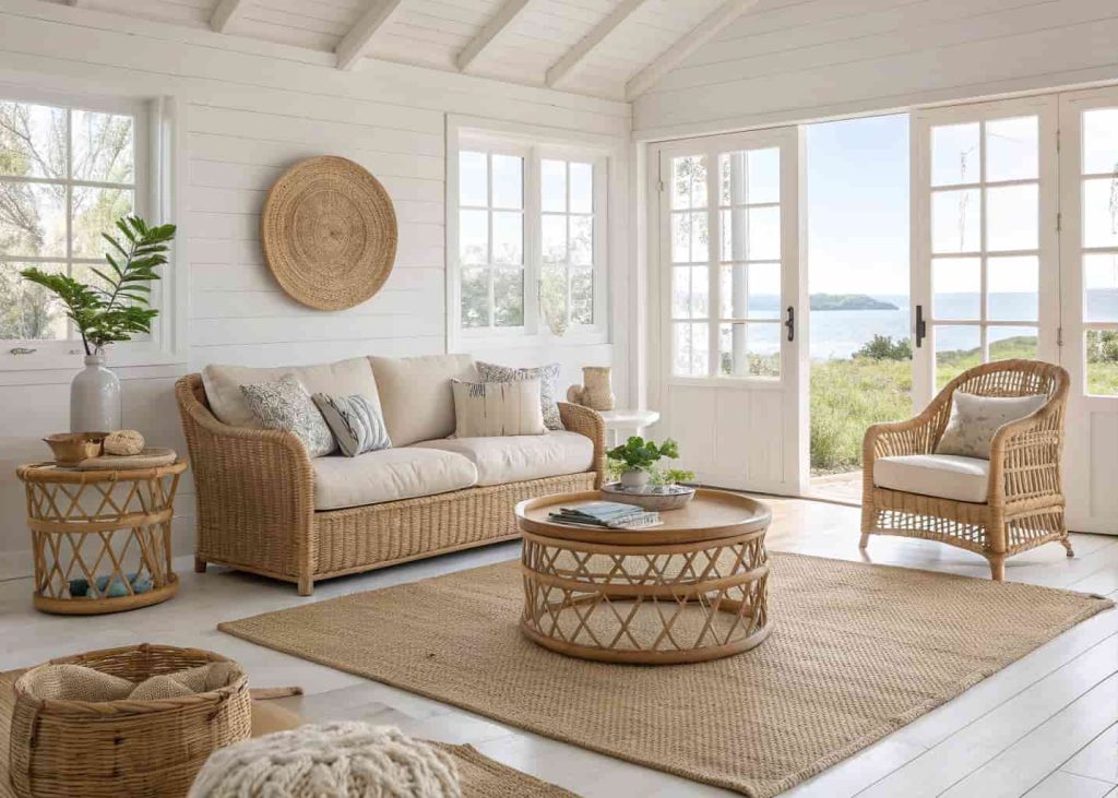 Coastal chic living room featuring rattan furniture, jute rug, linen sofa, natural wood accents, bright airy styling