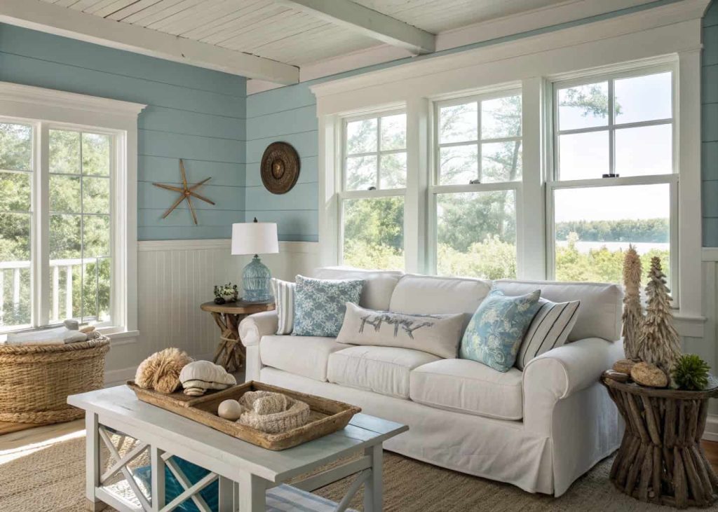 Cozy coastal living room with light slipcovered sofa, relaxed seating arrangement, bright natural lighting, modern beach-inspired décor