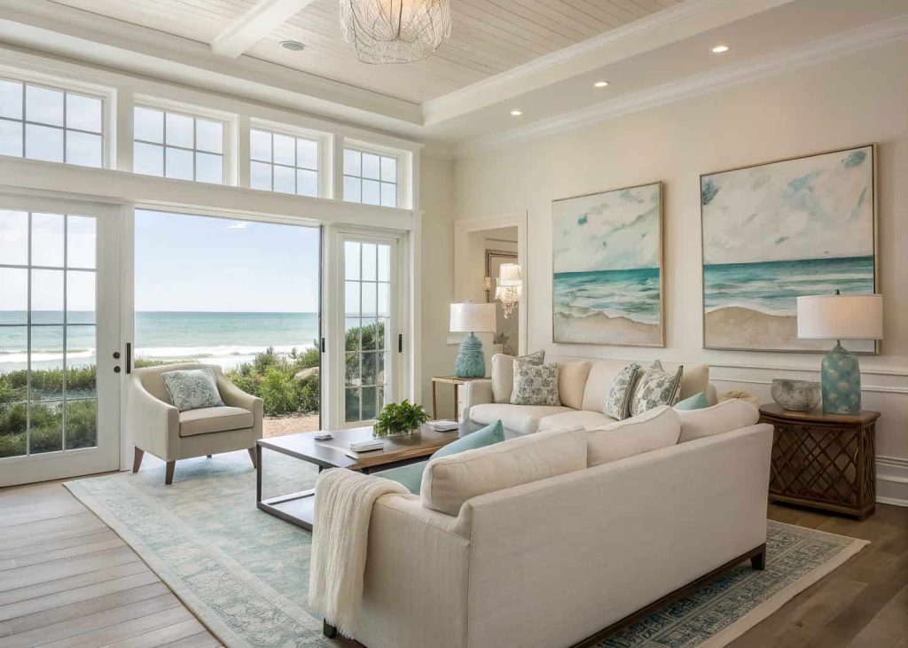 Elegant coastal chic living room décor with subtle seashell accents, ocean artwork, neutral styling, modern beach house interior