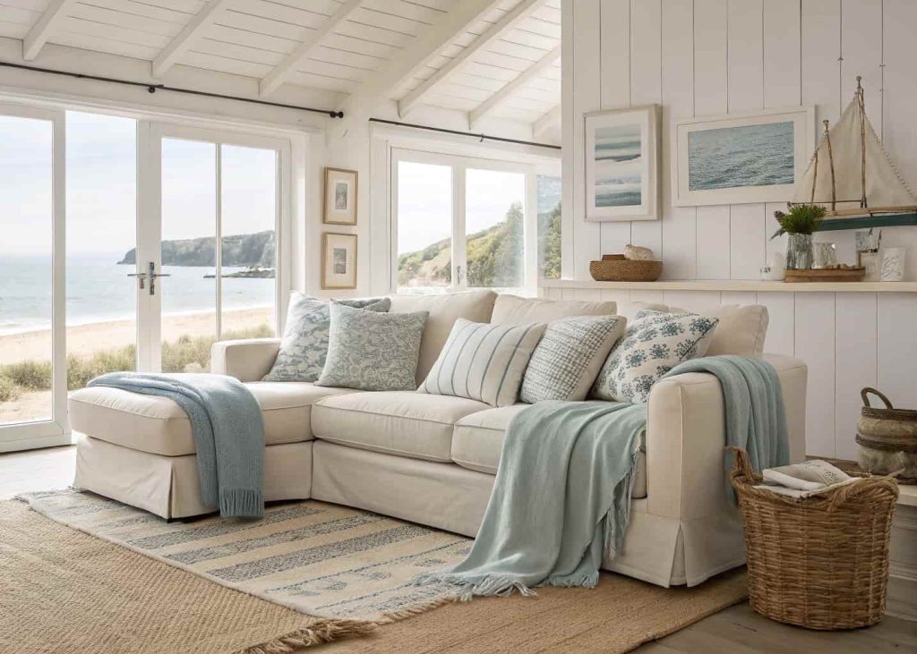 Coastal living room with layered cushions, soft throws, light fabrics, cozy yet airy beach-inspired interior