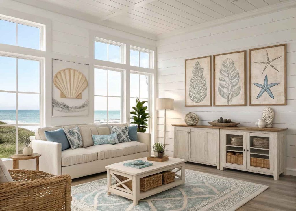 Coastal chic living room with ocean-inspired wall art, neutral décor, airy modern styling, bright interior space