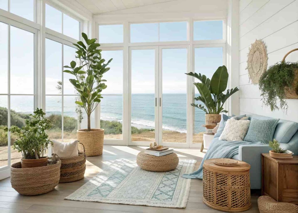 Coastal living room with indoor plants, woven baskets, natural décor accents, bright modern beach-inspired interior