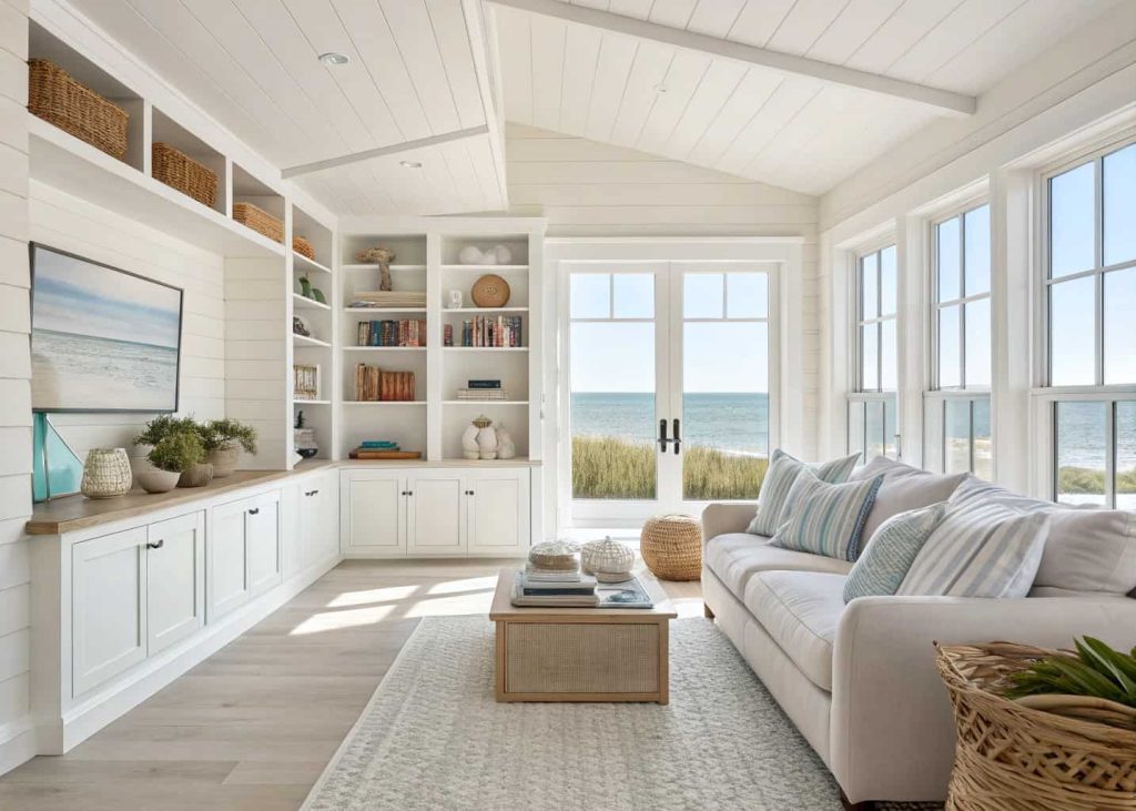 Minimal coastal chic living room with clean styling, neutral décor, organized shelves, bright airy atmosphere