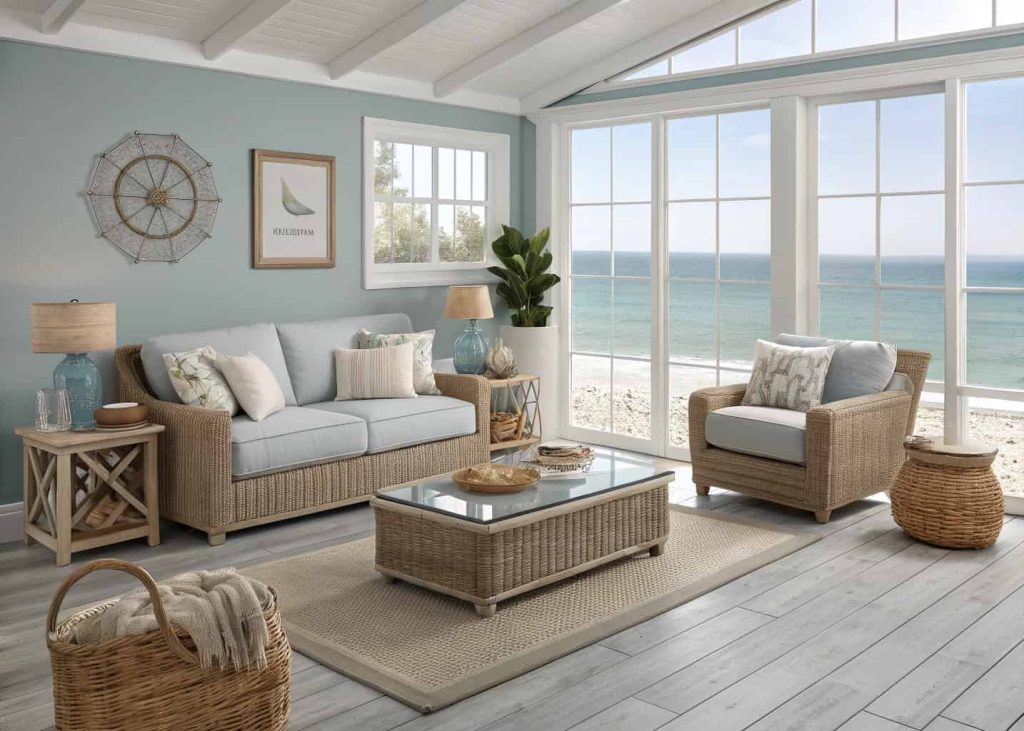Modern coastal chic living room blending contemporary furniture with natural textures, elegant beach-style décor