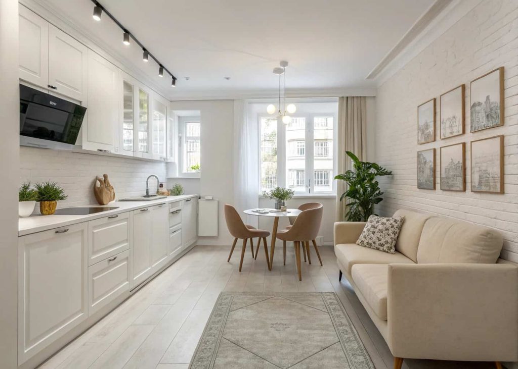 Small living dining combo with neutral tones, white walls, soft beige furniture, modern minimalist décor, bright airy interior