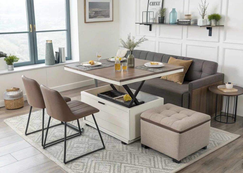 Compact modern living dining area with extendable dining table, storage ottoman, multifunctional furniture, stylish small apartment interior