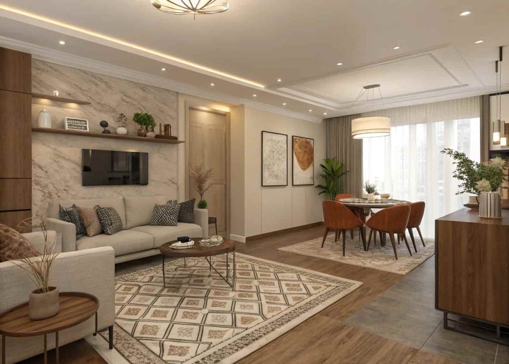 Small open living dining room with coordinated area rugs, modern décor, cozy textures, stylish compact layout