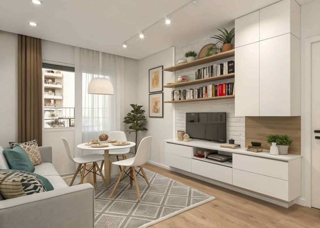Modern small living dining room with floating shelves, vertical storage solutions, minimalist décor, organized compact interior
