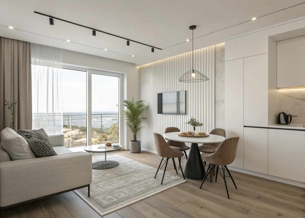 Modern small living dining room with slim furniture, compact sofa, round dining table, minimalist contemporary interior