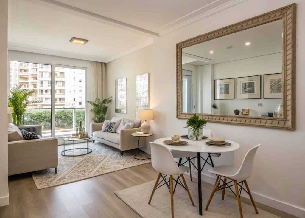 Small modern living dining area with large wall mirror, bright natural light reflection, elegant compact interior styling