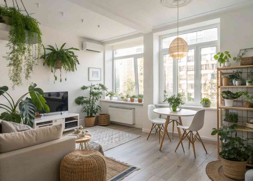 Small open living dining room with indoor plants, natural décor accents, bright modern apartment interior