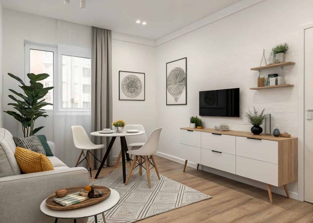 Minimal modern living dining combo with personal décor accents, clean styling, cozy and organized small interior