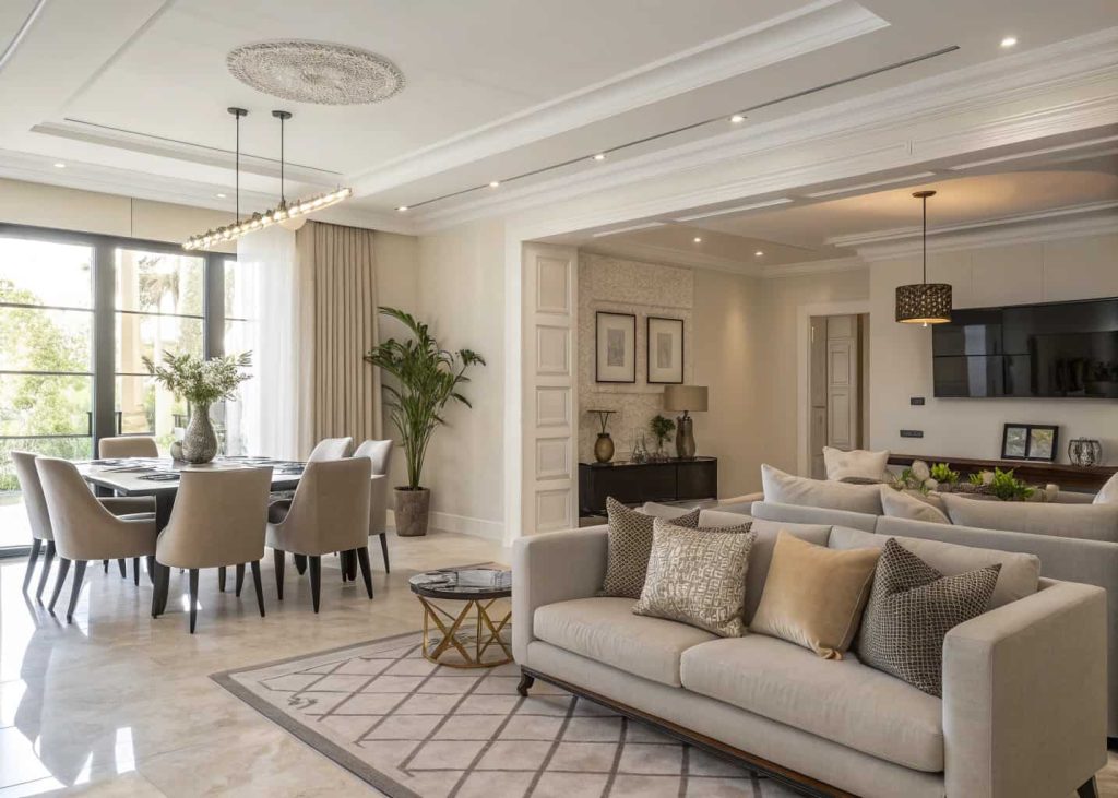 Open dining and living room featuring coordinated neutral color palette, matching cushions and dining chairs, modern décor styling, soft natural lighting.