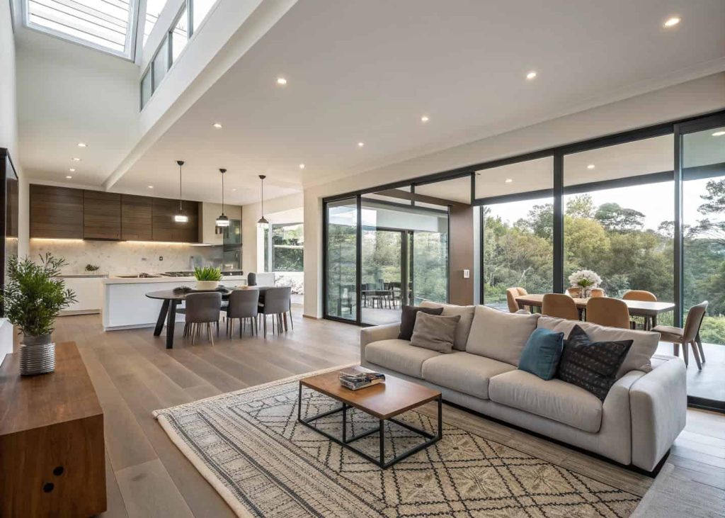 Living and dining combo with sofa dividing spaces, area rugs defining zones, modern furniture arrangement, airy open-plan home interior