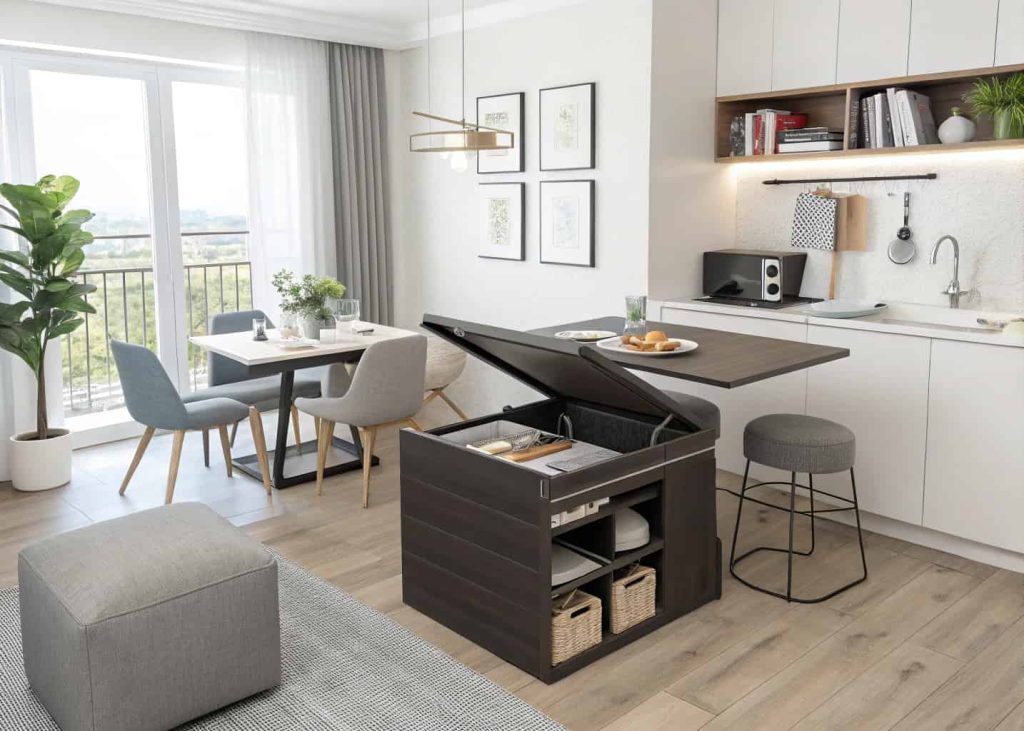 Small open-concept living dining area with extendable dining table, storage ottoman, multifunctional furniture, modern compact apartment design.
