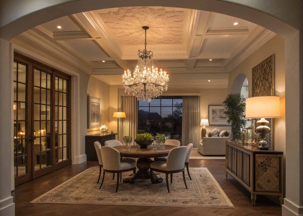 Elegant open layout with chandelier over dining table, warm floor lamps in living room, layered lighting design, cozy evening interior setting