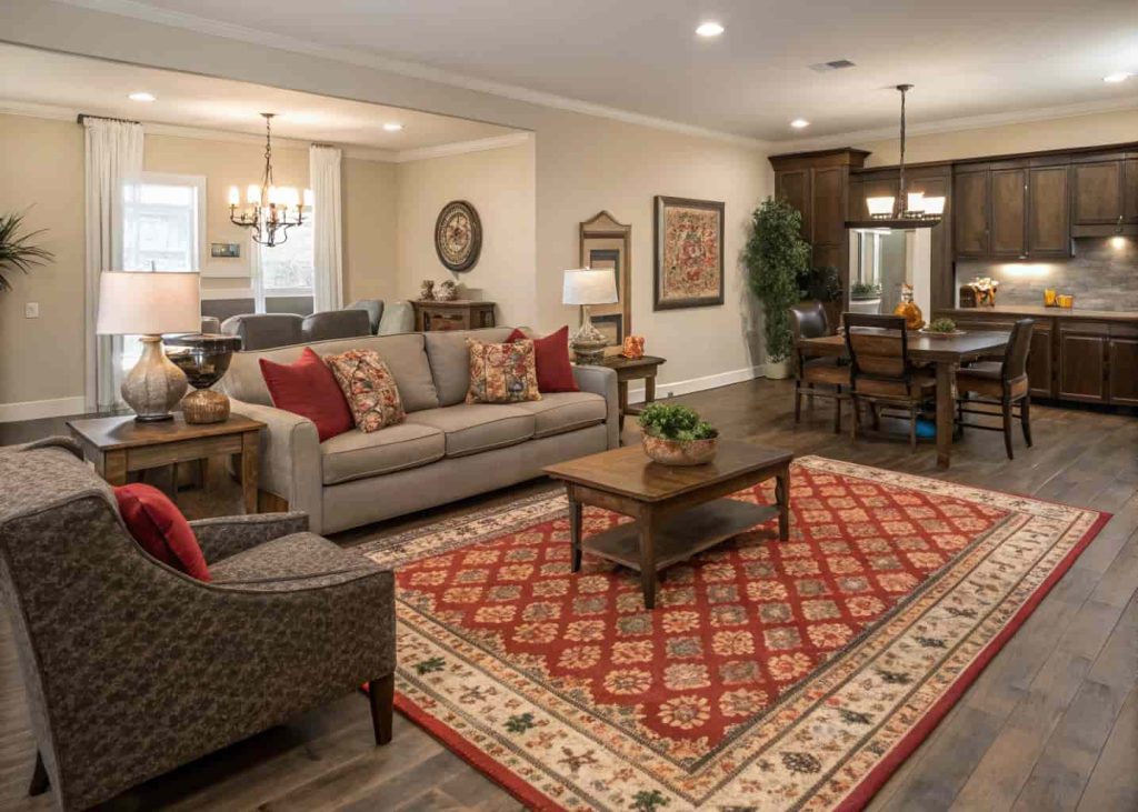 Open living dining room with two coordinated area rugs, modern furniture layout, cozy textured rugs, stylish home interior photography