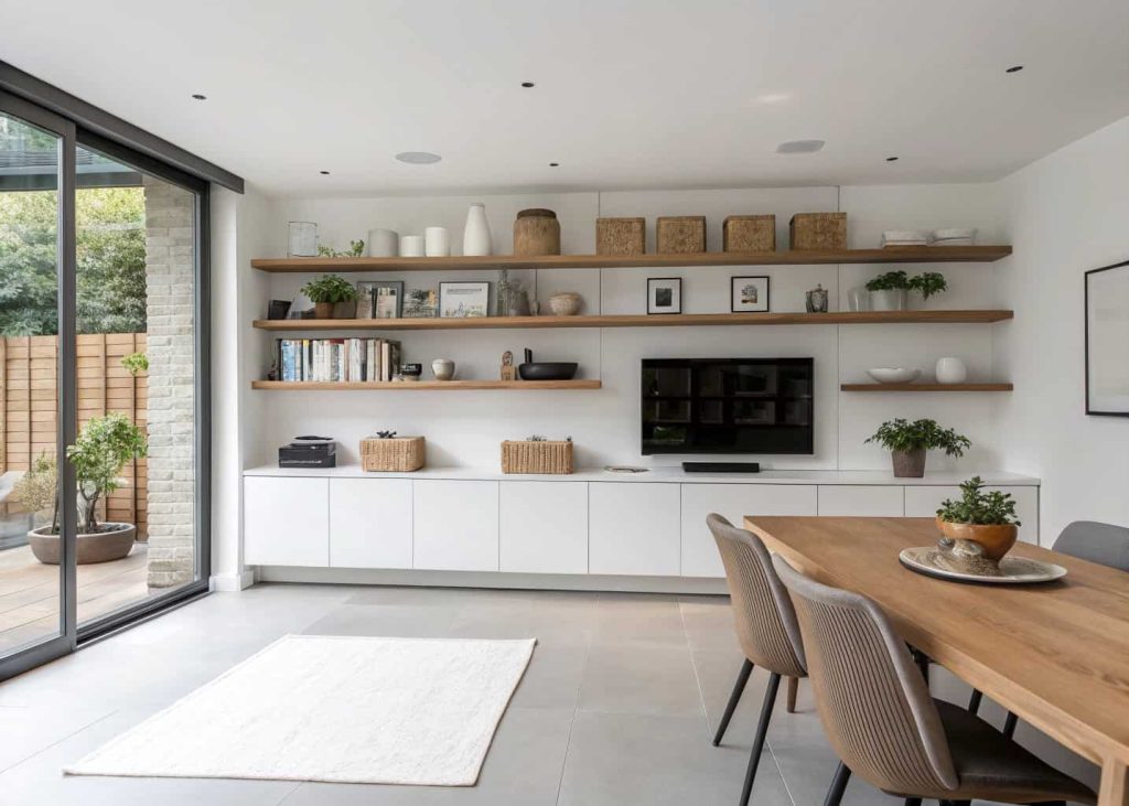 Open living dining area with floating shelves, minimalist storage units, clean organized interior, modern functional home design