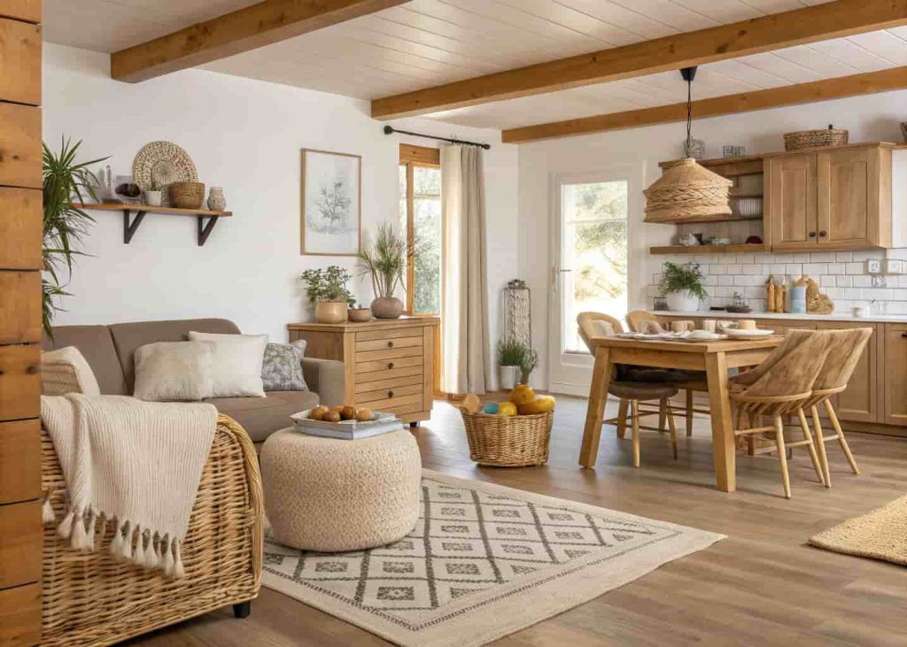 Cozy open-plan living and dining space featuring mixed textures, wooden furniture, soft textiles, woven décor accents, warm modern interior