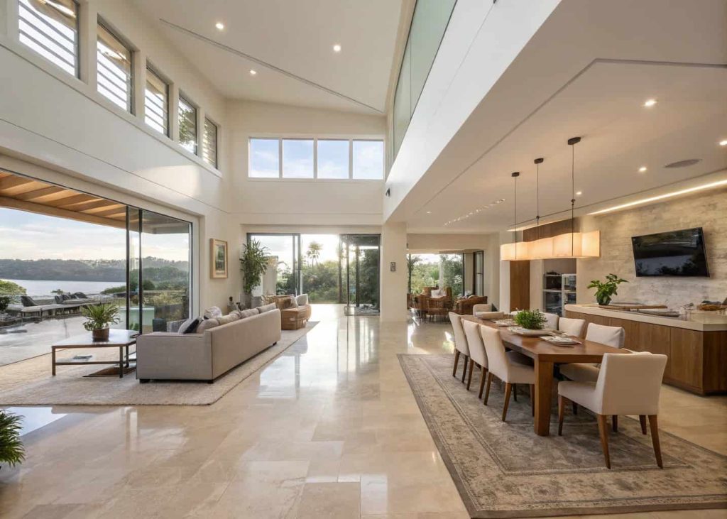 Spacious open living dining room with clear walkways, well-arranged furniture, airy modern home layout, bright natural lighting