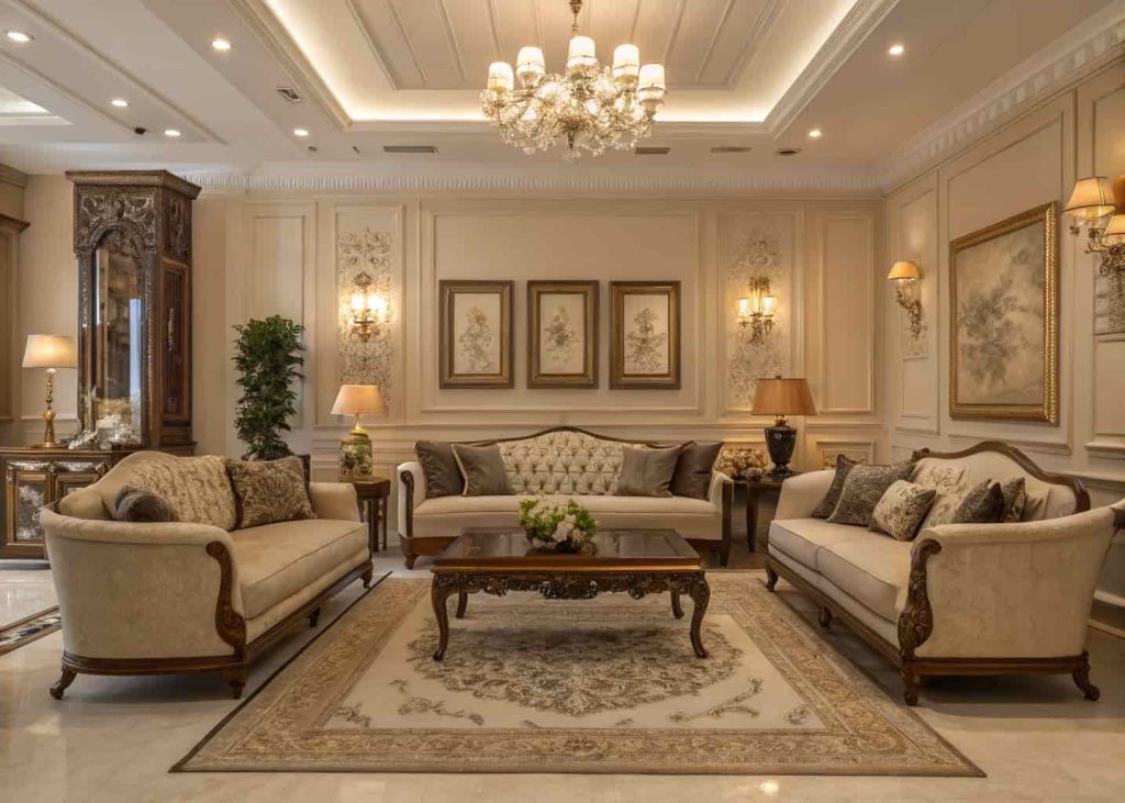 Traditional living room featuring neutral walls, classic color accents, elegant curtains, and coordinated decor