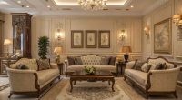 Elegant traditional living room with classic furniture, neutral tones, ornate details, warm lighting, and symmetrical layout
