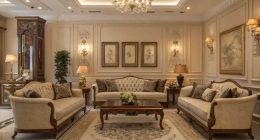 Elegant traditional living room with classic furniture, neutral tones, ornate details, warm lighting, and symmetrical layout