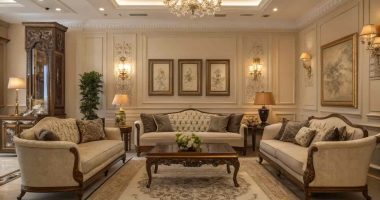 Elegant traditional living room with classic furniture, neutral tones, ornate details, warm lighting, and symmetrical layout