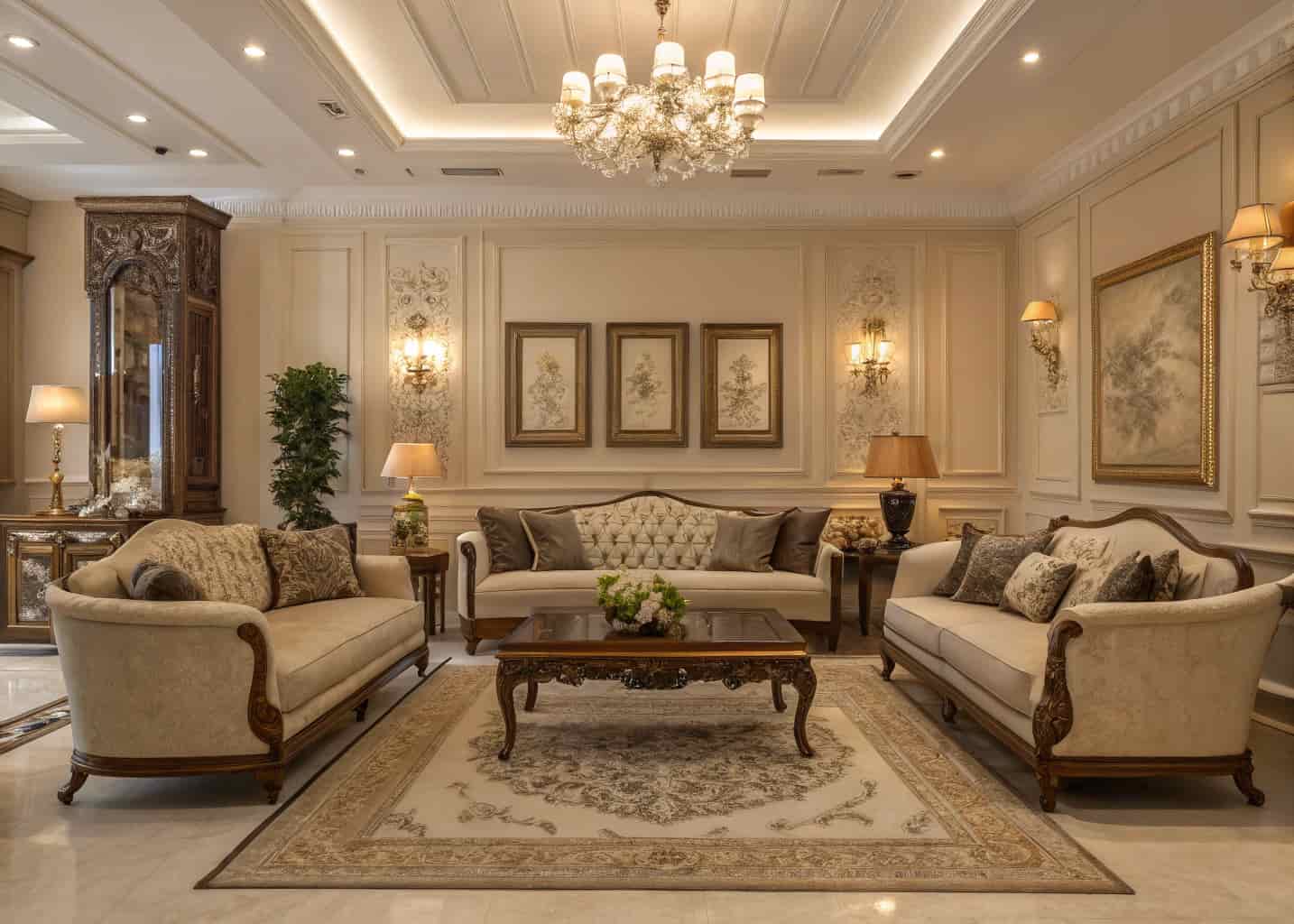 Elegant traditional living room with classic furniture, neutral tones, ornate details, warm lighting, and symmetrical layout