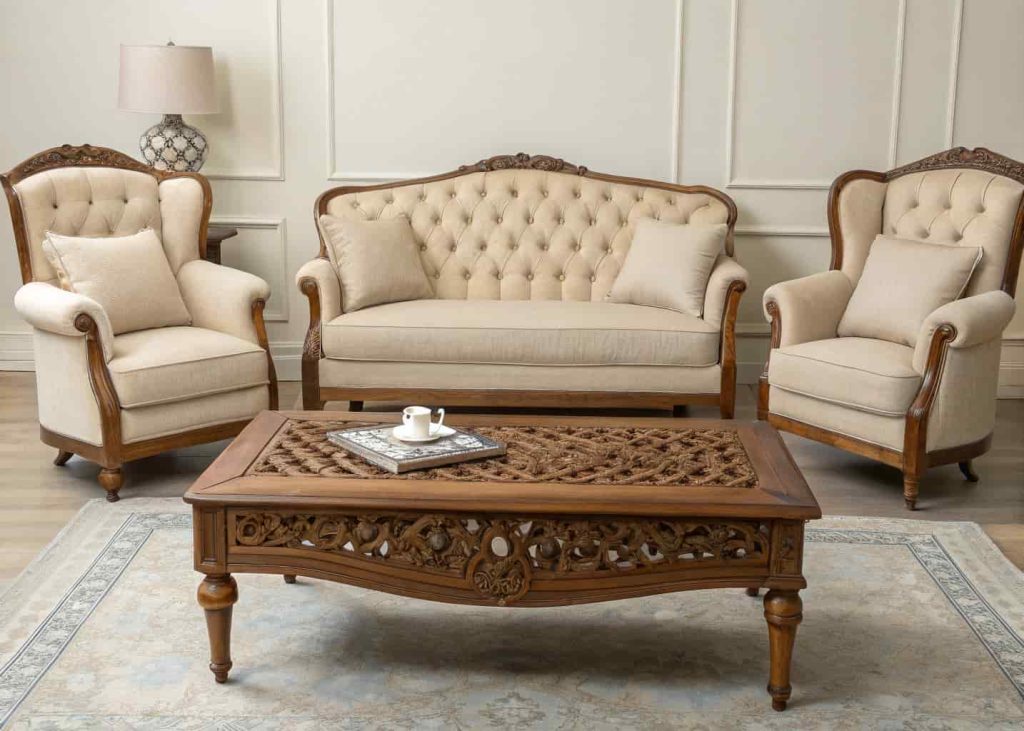 Classic living room furniture arrangement with tufted sofa, carved wooden table, and elegant armchairs