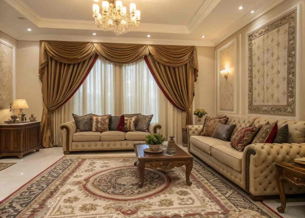 Traditional living room with patterned rug, elegant drapes, layered cushions, and luxurious textiles