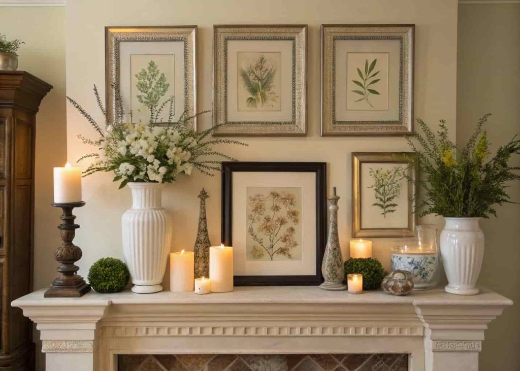 Traditional mantel styling with framed art, vases, candles, and balanced decorative arrangement