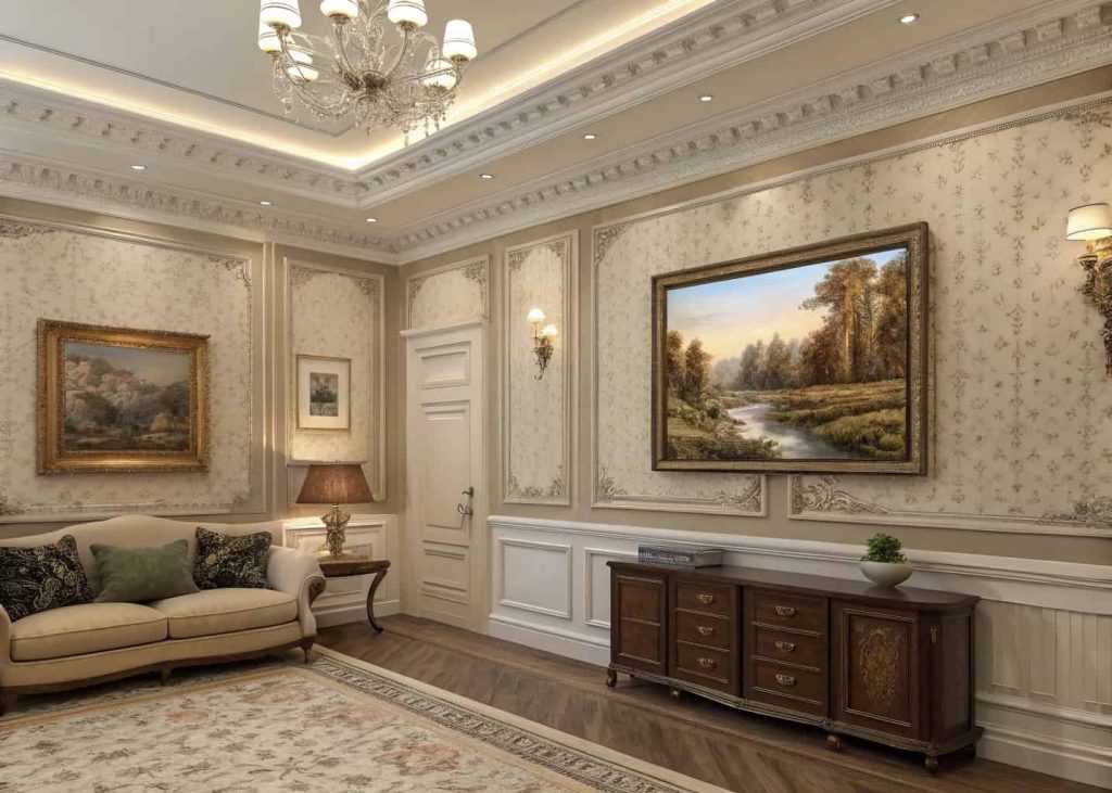 Traditional living room with wall molding, classic wallpaper, and large framed artwork
