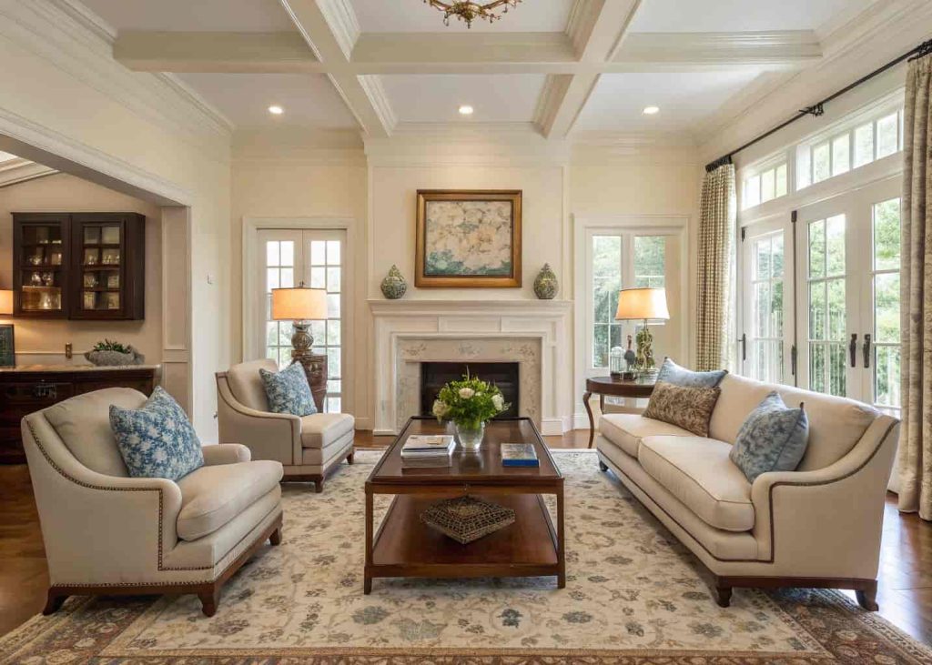 Symmetrical traditional living room layout with matching chairs, centered coffee table, and balanced decor