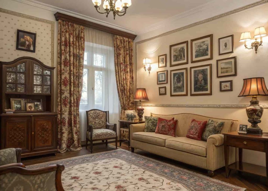 Traditional living room with vintage decor pieces, framed family photos, and classic styling details