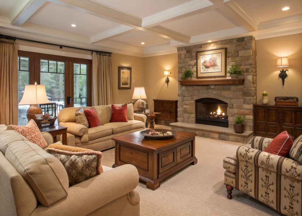 Cozy yet elegant traditional living room with plush seating, warm tones, and inviting ambiance