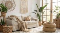 Modern boho living room with neutral tones, woven textures, plants, cozy sofa, natural light, relaxed chic interior design