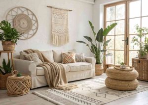 Modern boho living room with neutral tones, woven textures, plants, cozy sofa, natural light, relaxed chic interior design